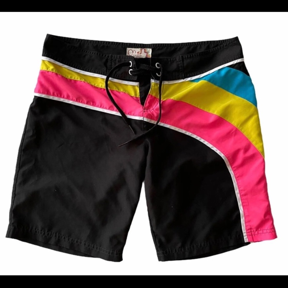 OP Women's Swim Shorts Size Medium 7-9 Black With Yellow White Pink Teal Stripes